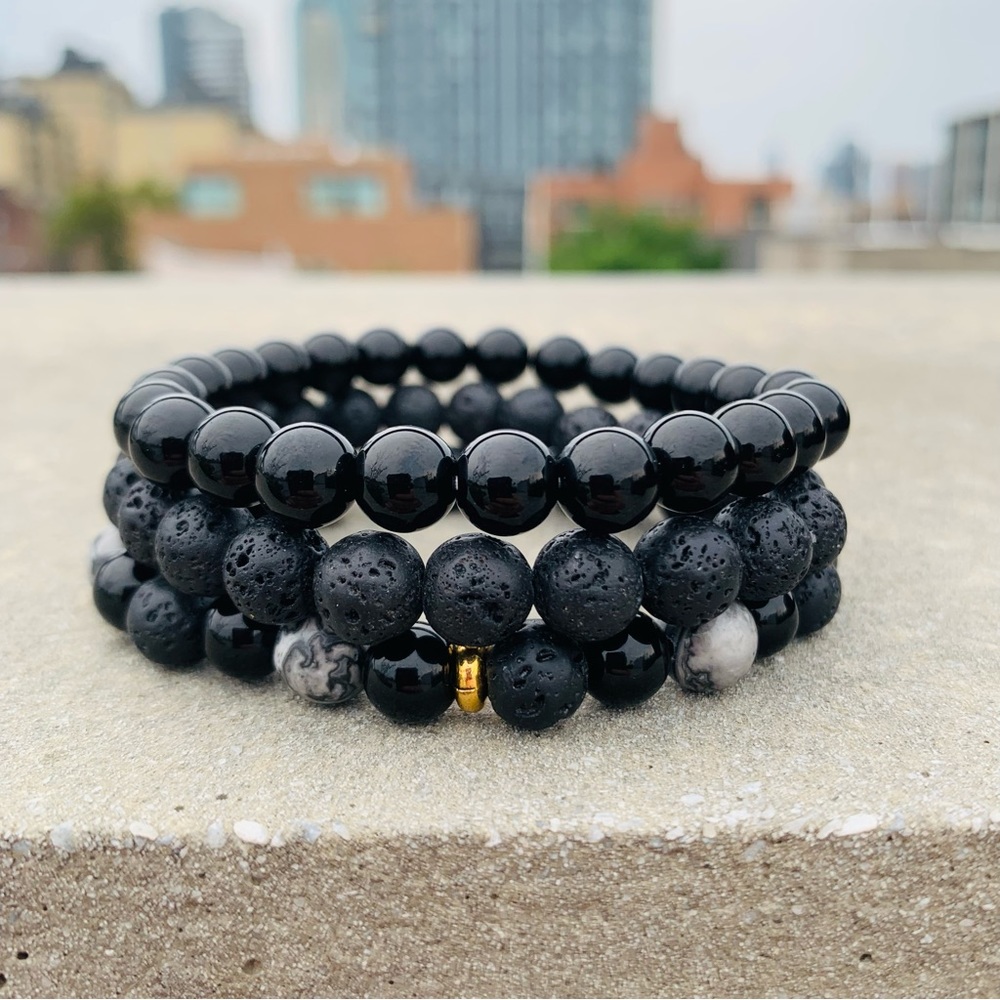 3pcs Set Mix Men’s Round Beaded Stone Elastic Bracelets